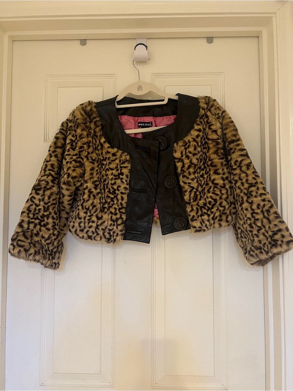 Wet Seal Leopard-Print Faux Fur Cropped Jacket with Black Trim